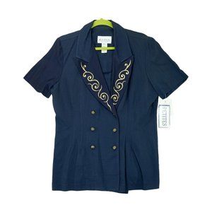 NWT Vtg Reina New York‎ Blue Elegant Blouse With Gold Button Embroidery Sz 14P